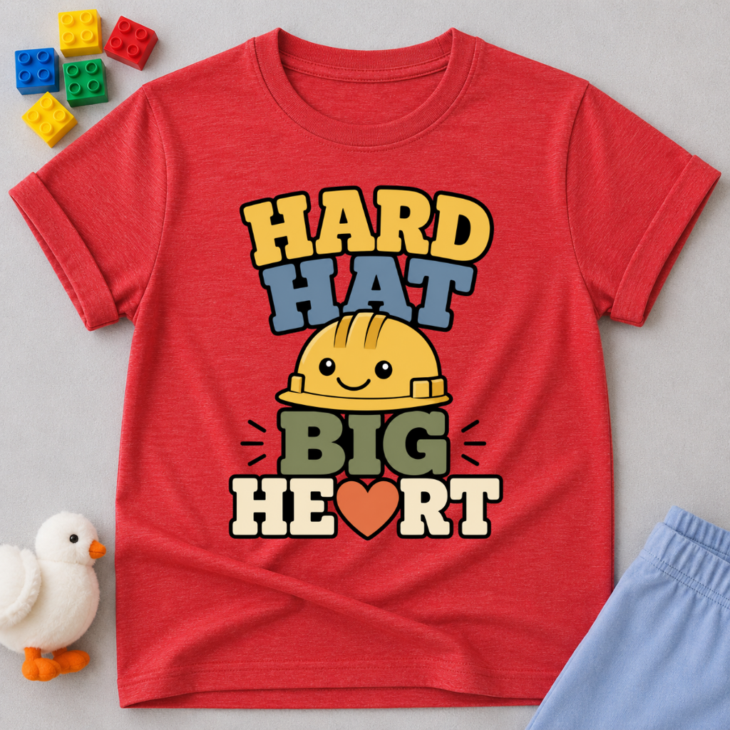 Hard Hat Big Heart Christian kids shirt in red featuring a smiling construction hard hat and heart design
