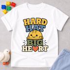 Hard Hat Big Heart Christian kids shirt in white featuring a smiling construction hard hat and heart design
