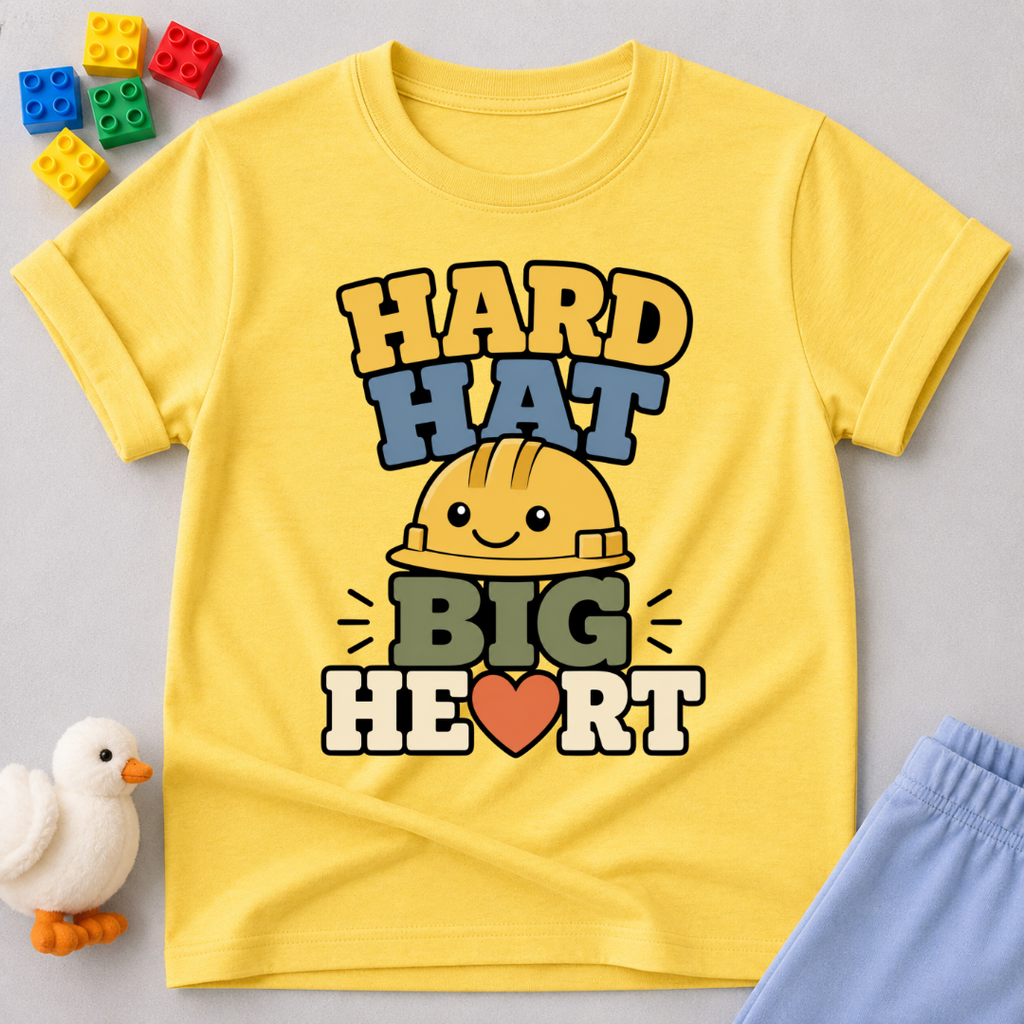 Hard Hat Big Heart Christian kids shirt in yellow featuring a smiling construction hard hat and heart design
