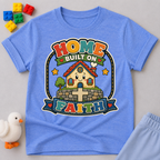 Home Built on Faith Christian kids shirt in blue featuring a family home with faith-inspired artwork
