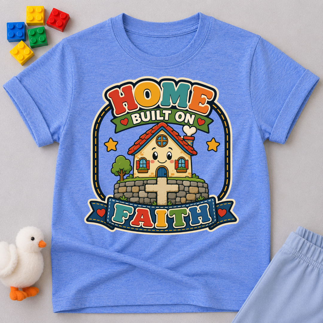 Home Built on Faith Christian kids shirt in blue featuring a family home with faith-inspired artwork
