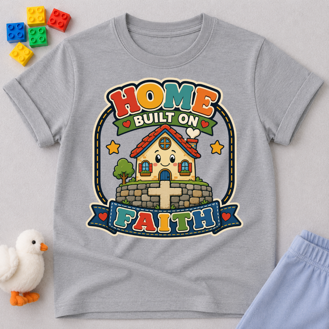 Home Built on Faith Christian kids shirt in gray featuring a family home with faith-inspired artwork
