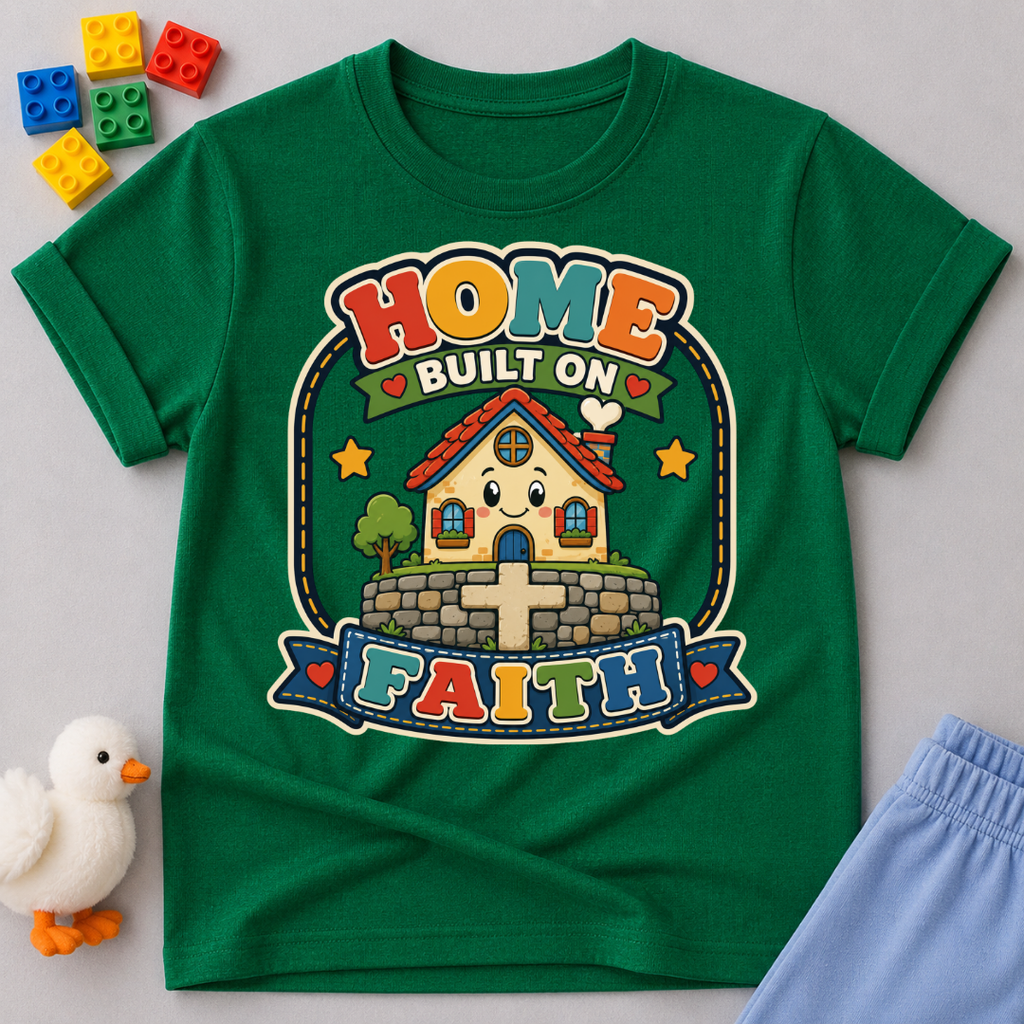 Home Built on Faith Christian kids shirt in green featuring a family home with faith-inspired artwork
