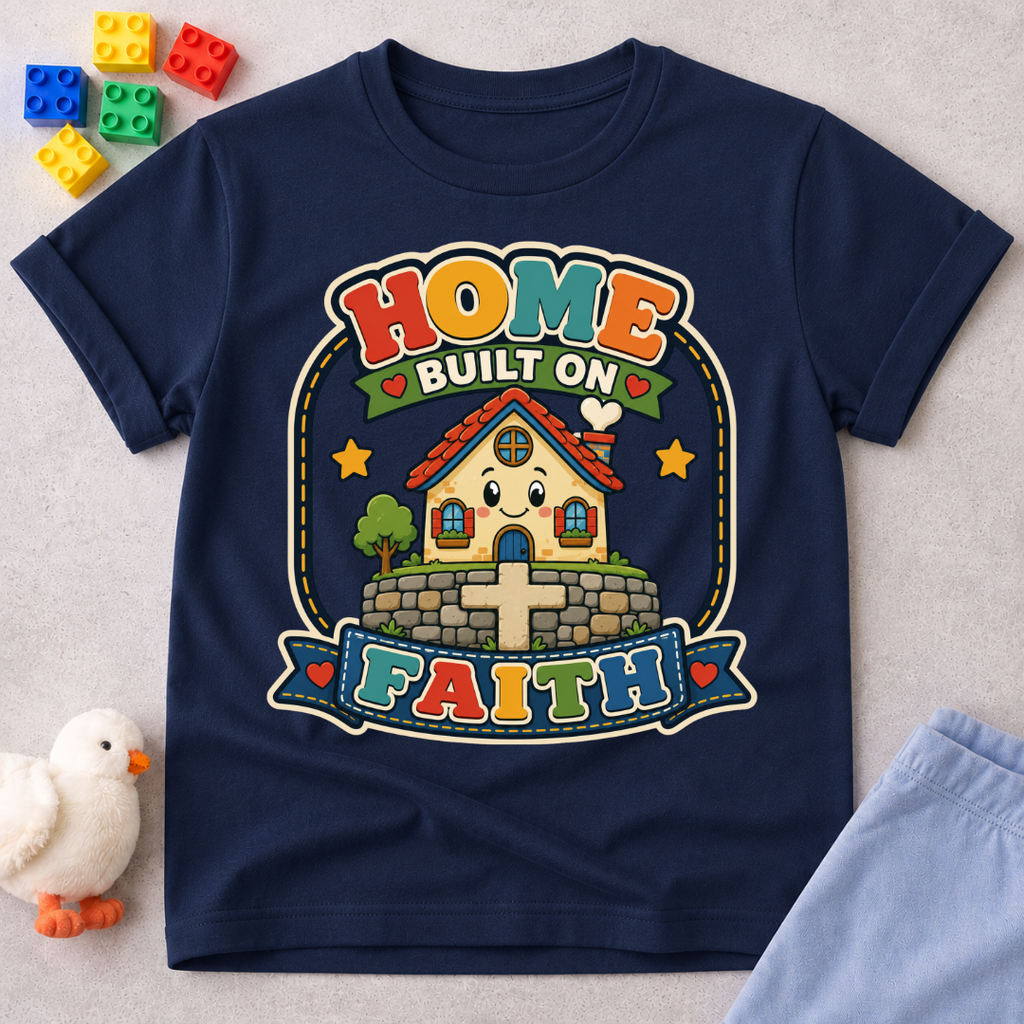 Home Built on Faith Christian kids shirt in navy featuring a family home with faith-inspired artwork
