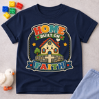 Home Built on Faith Christian kids shirt in navy featuring a family home with faith-inspired artwork
