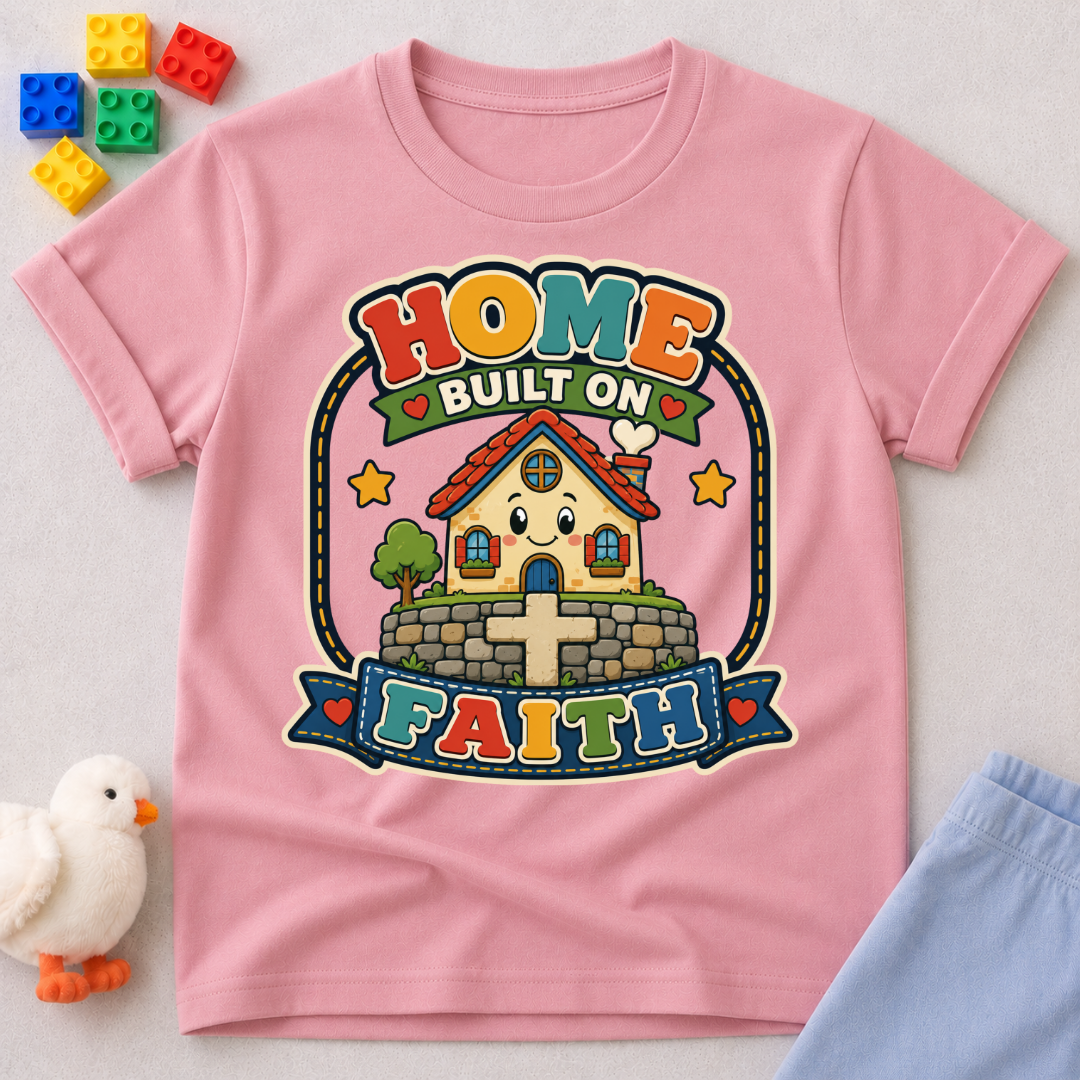 Home Built on Faith Christian kids shirt in pink featuring a family home with faith-inspired artwork
