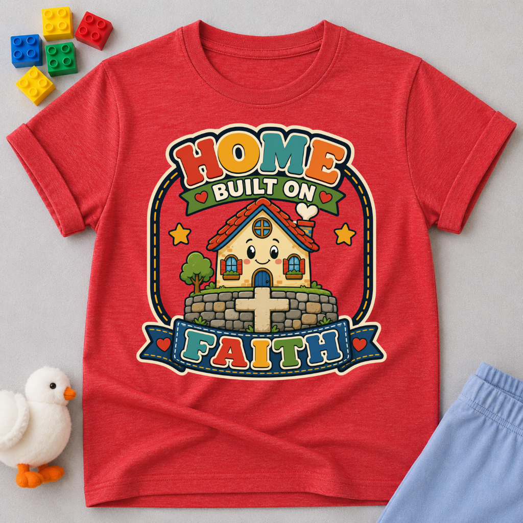Home Built on Faith Christian kids shirt in red featuring a family home with faith-inspired artwork
