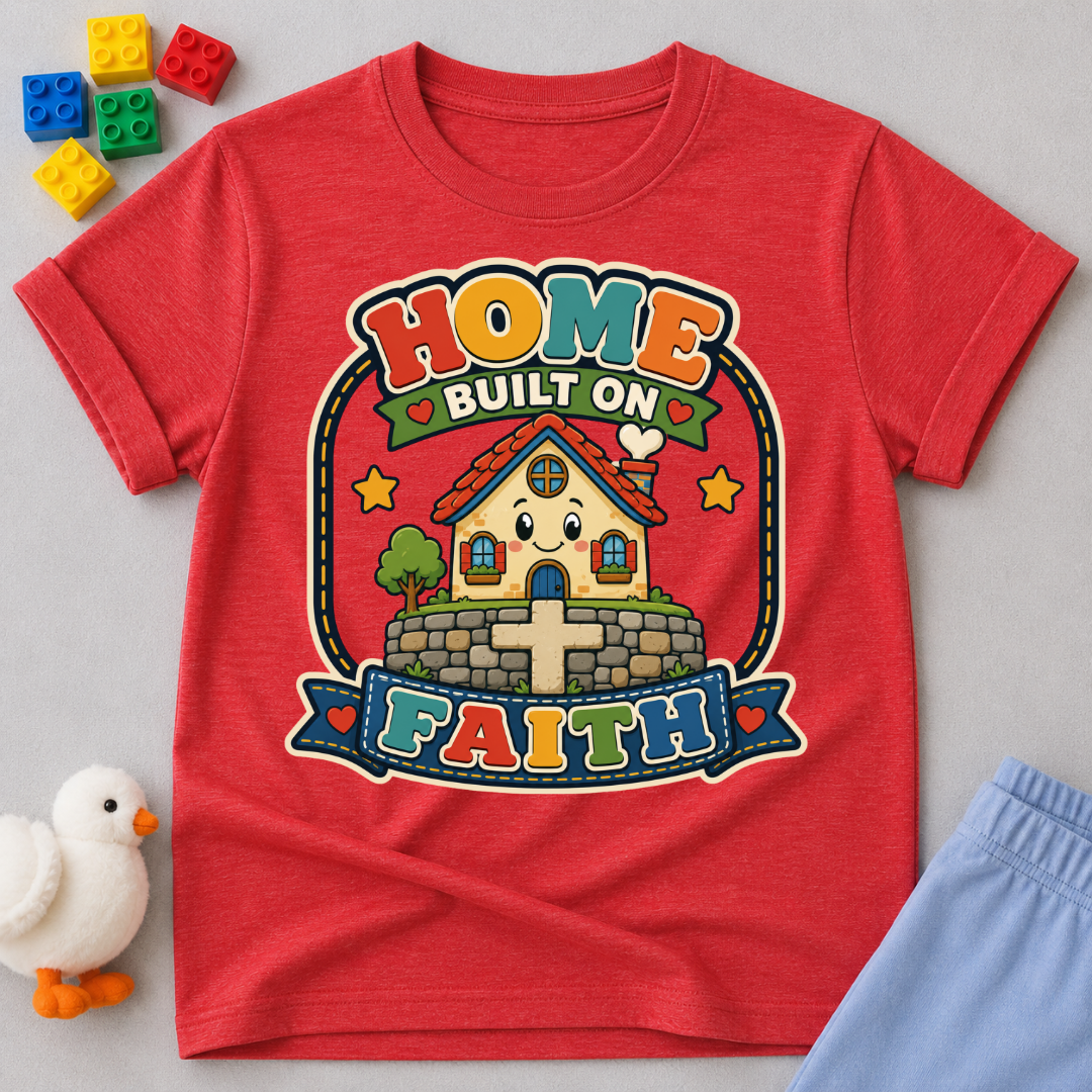 Home Built on Faith Christian kids shirt in red featuring a family home with faith-inspired artwork
