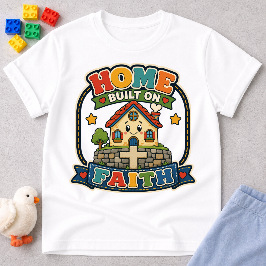 Home Built on Faith Christian kids shirt in white featuring a family home with faith-inspired artwork
