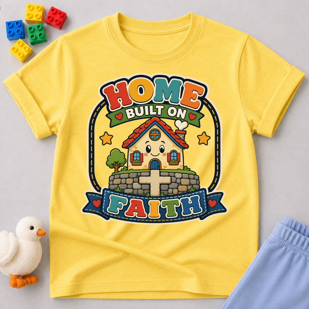 Home Built on Faith Christian kids shirt in yellow featuring a family home with faith-inspired artwork

