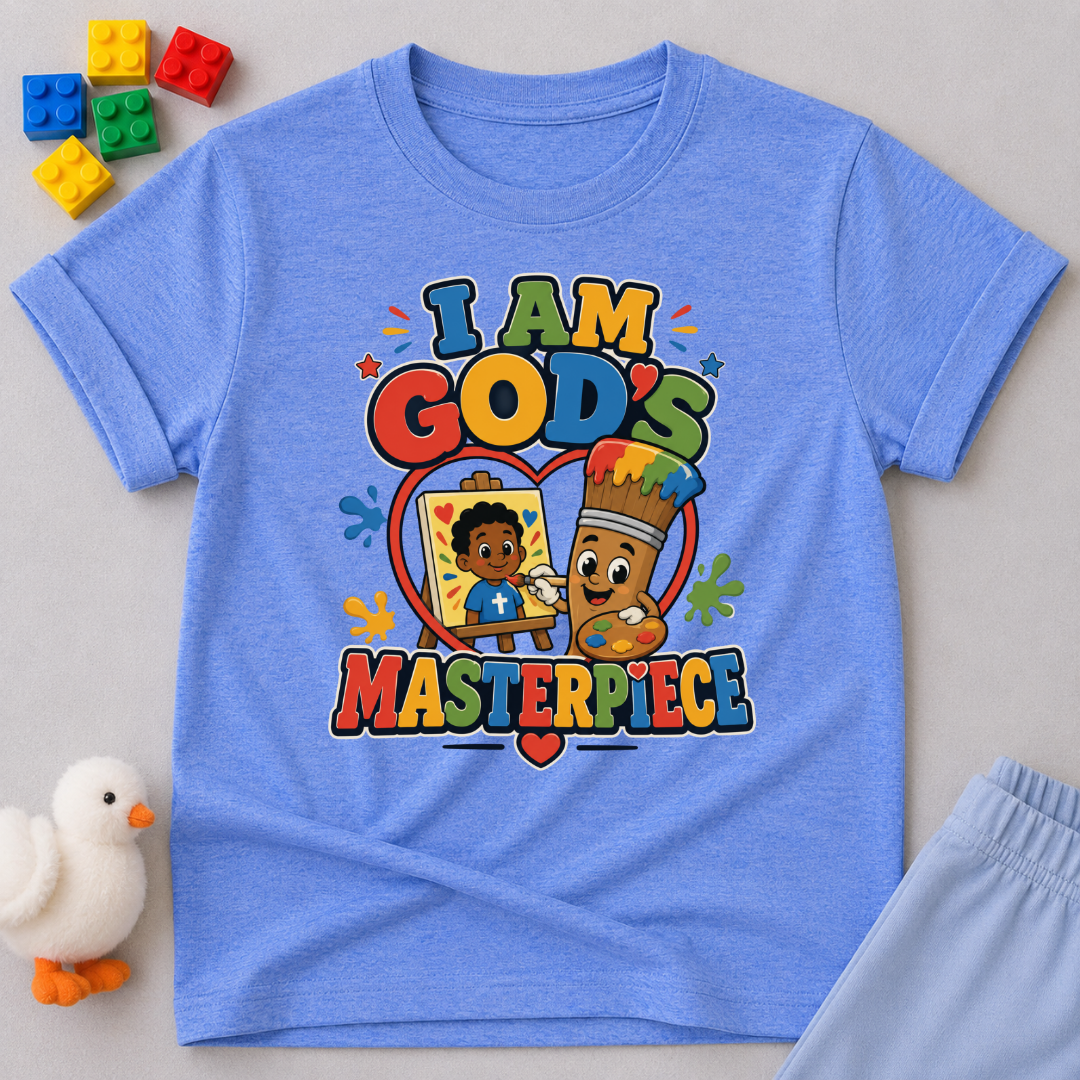 I Am God's Masterpiece Christian kids shirt in blue featuring a joyful child and colorful faith design
