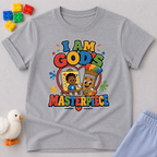 I Am God's Masterpiece Christian kids shirt in gray featuring a joyful child and colorful faith design
