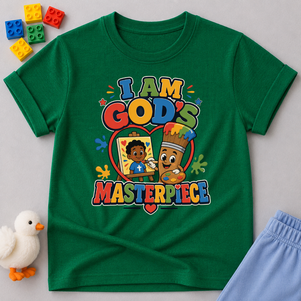 I Am God's Masterpiece Christian kids shirt in green featuring a joyful child and colorful faith design
