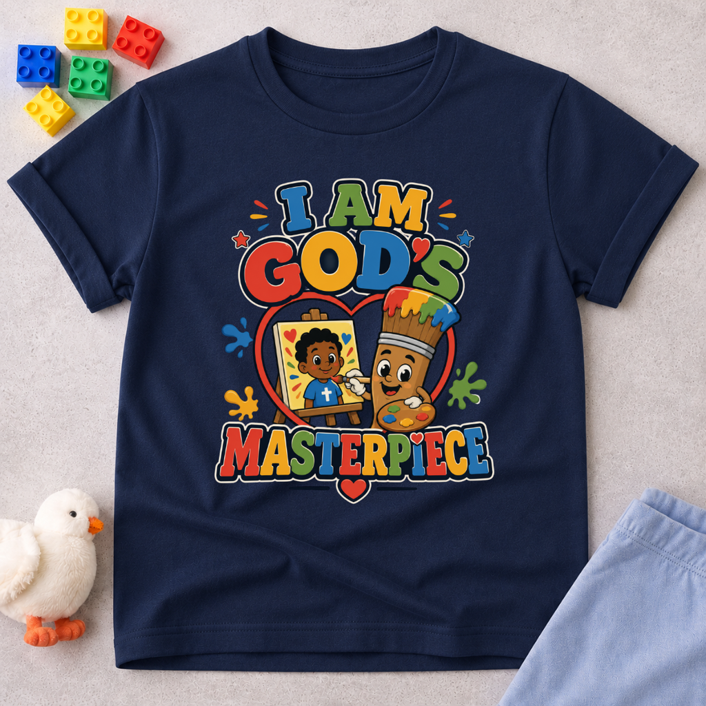 I Am God's Masterpiece Christian kids shirt in navy featuring a joyful child and colorful faith design
