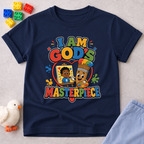 I Am God's Masterpiece Christian kids shirt in navy featuring a joyful child and colorful faith design

