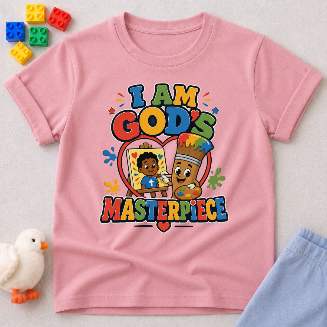 I Am God's Masterpiece Christian kids shirt in pink featuring a joyful child and colorful faith design
