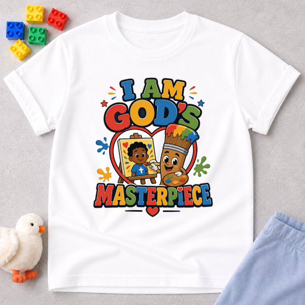 I Am God's Masterpiece Christian kids shirt in white featuring a joyful child and colorful faith design
