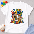 I Am God's Masterpiece Christian kids shirt in white featuring a joyful child and colorful faith design
