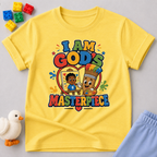 I Am God's Masterpiece Christian kids shirt in yellow featuring a joyful child and colorful faith design
