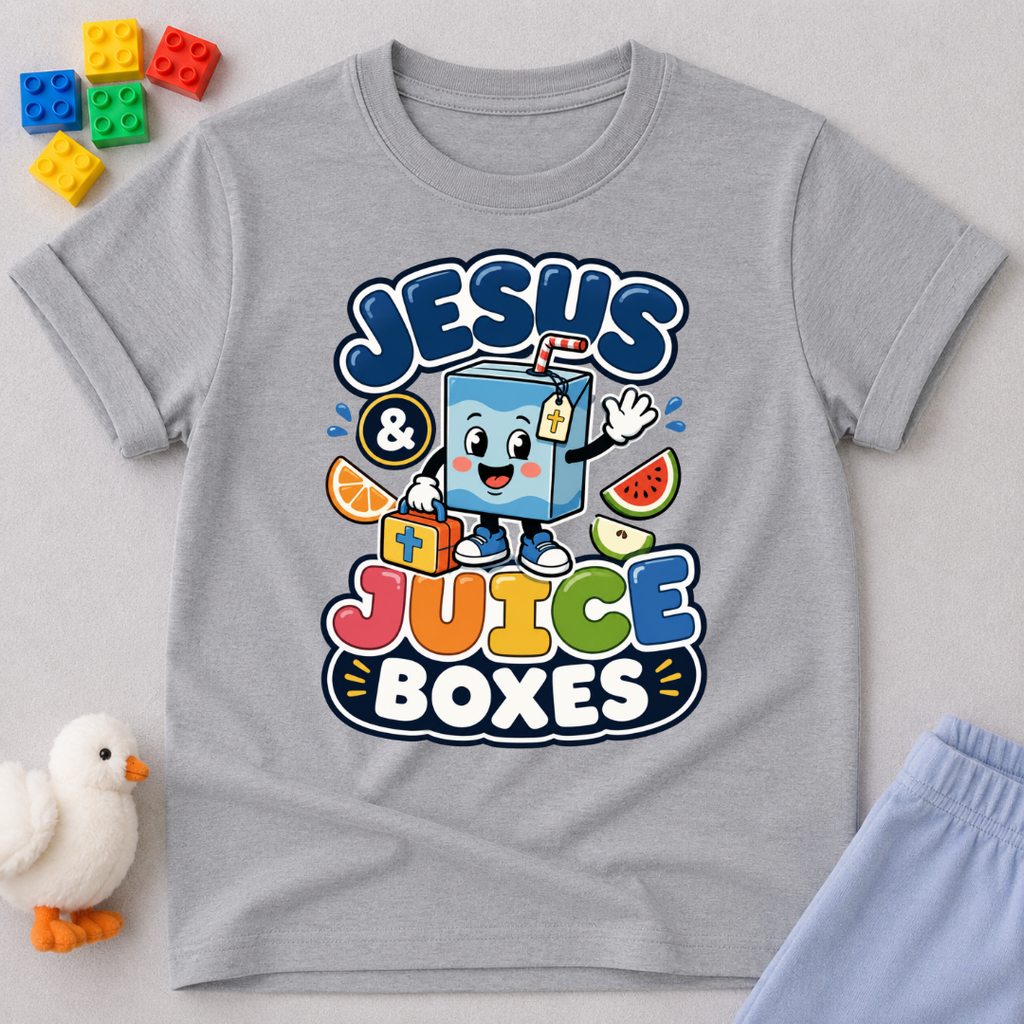 Jesus and Juice Boxes Christian kids shirt in gray featuring a smiling juice box character
