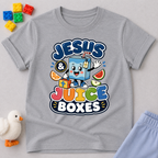 Jesus and Juice Boxes Christian kids shirt in gray featuring a smiling juice box character
