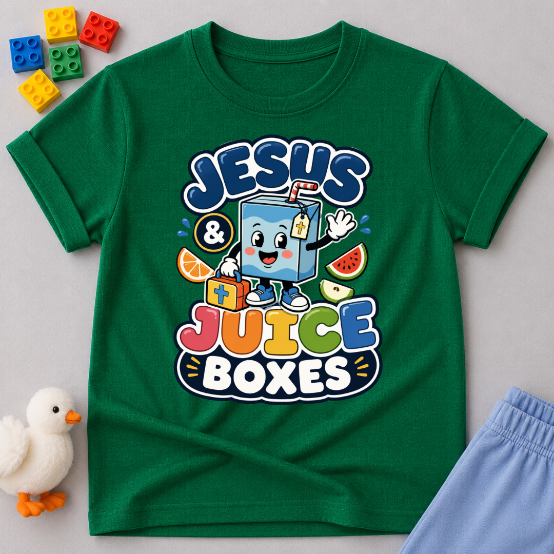 Jesus and Juice Boxes Christian kids shirt in green  featuring a smiling juice box character
