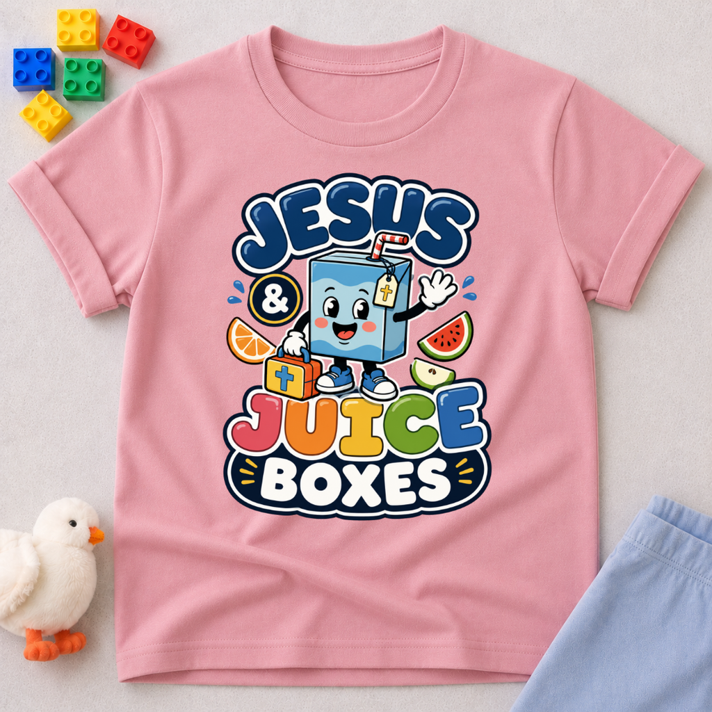 Jesus and Juice Boxes Christian kids shirt in pink featuring a smiling juice box character
