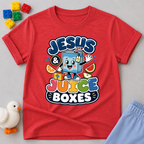 Jesus and Juice Boxes Christian kids shirt in red  featuring a smiling juice box character
