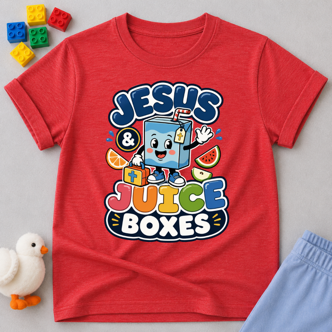 Jesus and Juice Boxes Christian kids shirt in red  featuring a smiling juice box character
