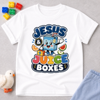 Jesus and Juice Boxes Christian kids shirt in white featuring a smiling juice box character
