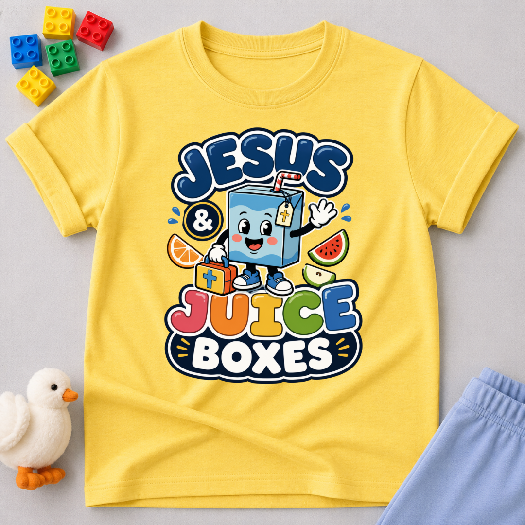 Jesus and Juice Boxes Christian kids shirt in yellow featuring a smiling juice box character
