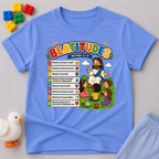 Jesus Beatitudes for Kids Christian kids shirt in blue featuring the Beatitudes with colorful Bible illustrations

