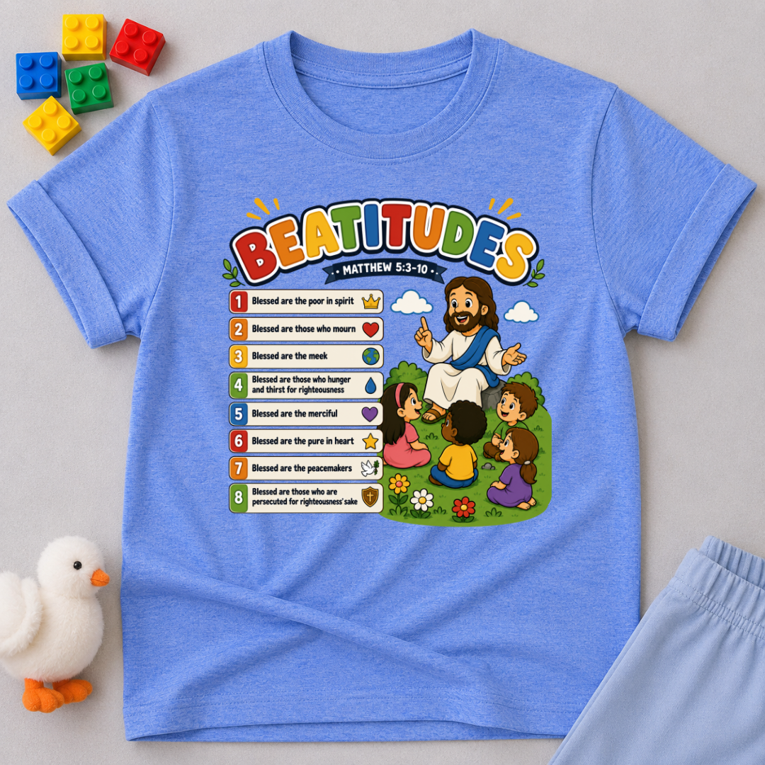 Jesus Beatitudes for Kids Christian kids shirt in blue featuring the Beatitudes with colorful Bible illustrations
