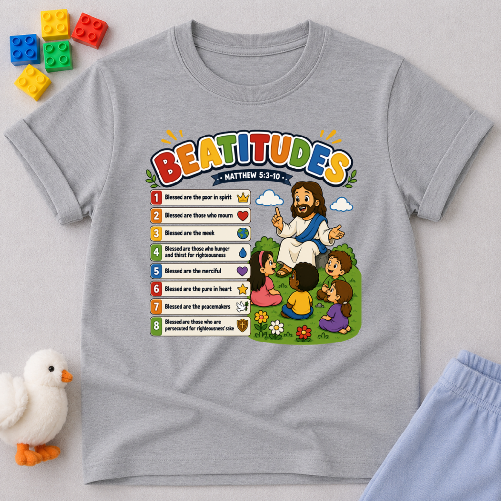 Jesus Beatitudes for Kids Christian kids shirt in gray featuring the Beatitudes with colorful Bible illustrations
