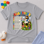 Jesus Beatitudes for Kids Christian kids shirt in gray featuring the Beatitudes with colorful Bible illustrations
