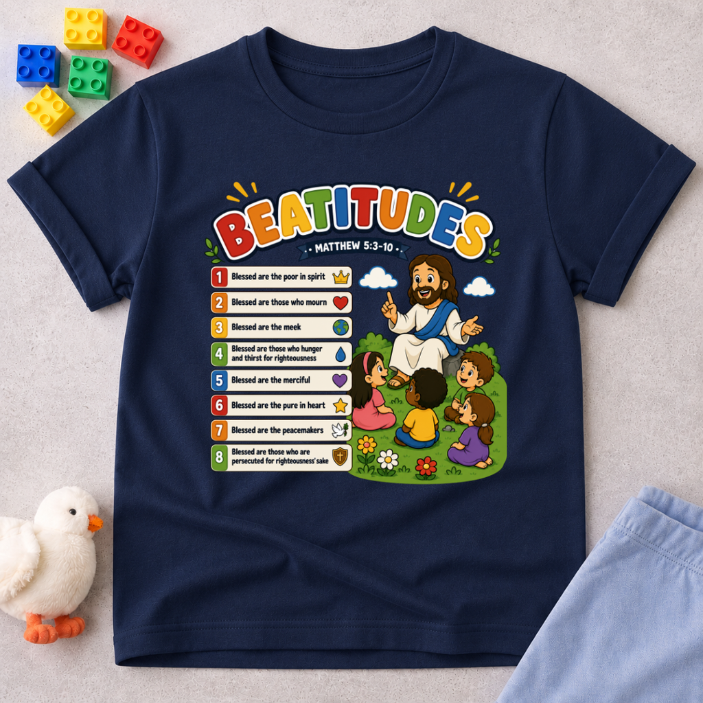 Jesus Beatitudes for Kids Christian kids shirt in navy featuring the Beatitudes with colorful Bible illustrations
