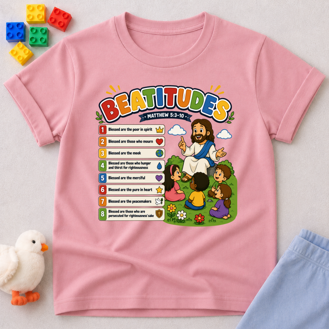 Jesus Beatitudes for Kids Christian kids shirt in pink featuring the Beatitudes with colorful Bible illustrations
