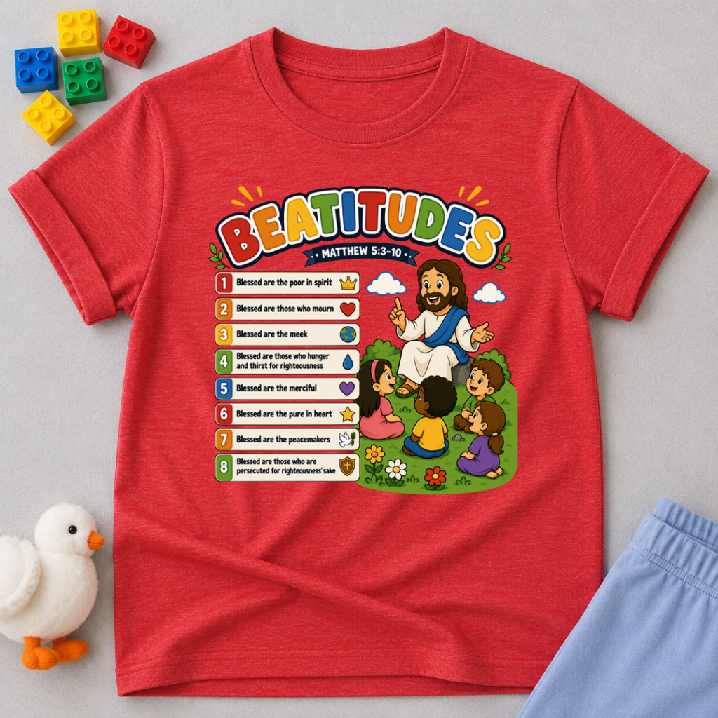 Jesus Beatitudes for Kids Christian kids shirt in red featuring the Beatitudes with colorful Bible illustrations
