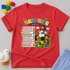 Jesus Beatitudes for Kids Christian kids shirt in red featuring the Beatitudes with colorful Bible illustrations
