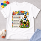 Jesus Beatitudes for Kids Christian kids shirt in white featuring the Beatitudes with colorful Bible illustrations

