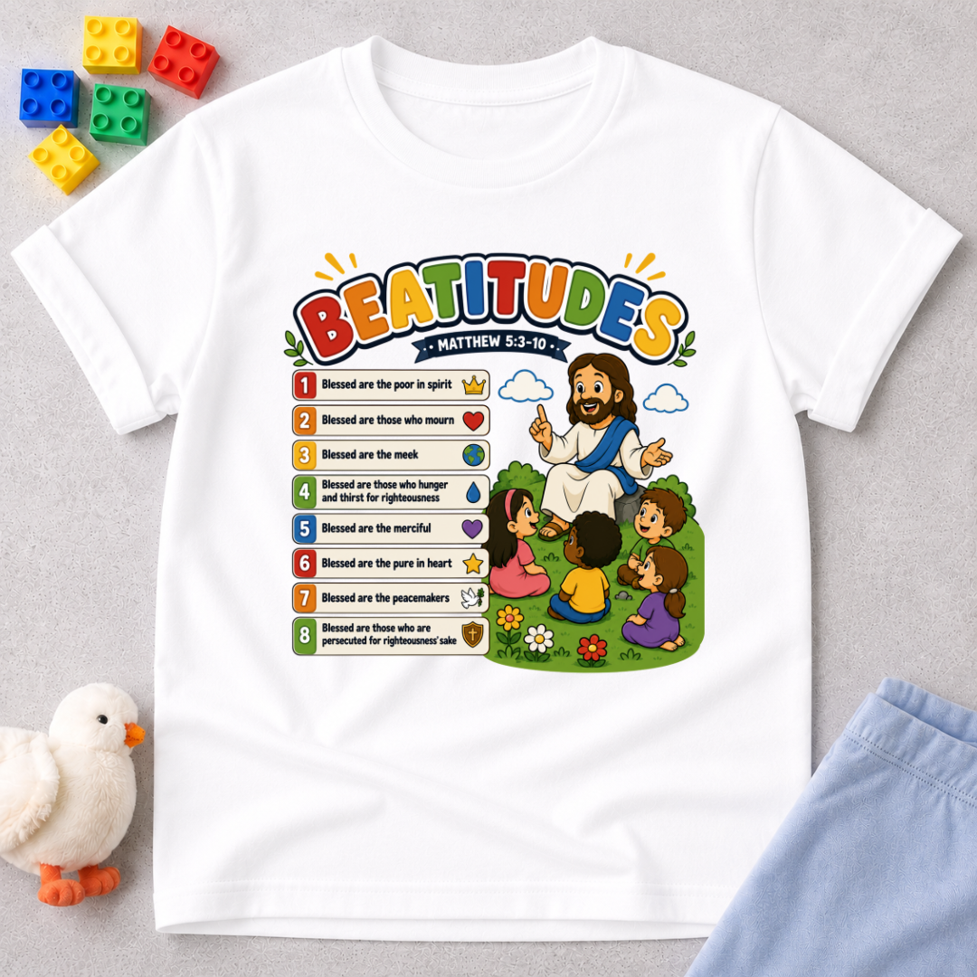 Jesus Beatitudes for Kids Christian kids shirt in white featuring the Beatitudes with colorful Bible illustrations
