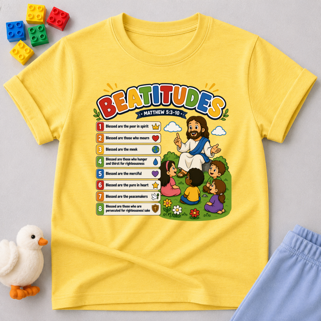 Jesus Beatitudes for Kids Christian kids shirt in yellow featuring the Beatitudes with colorful Bible illustrations
