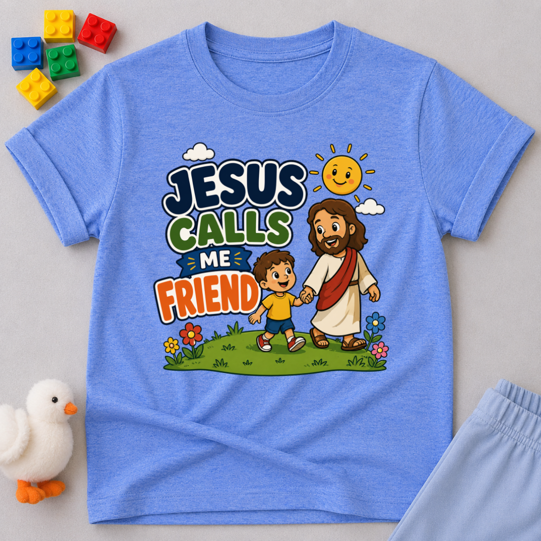 Jesus Calls Me Friend Christian kids shirt in blue featuring Jesus walking beside a happy child
