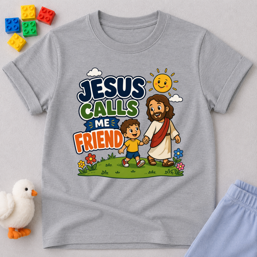 Jesus Calls Me Friend Christian kids shirt in gray featuring Jesus walking beside a happy child
