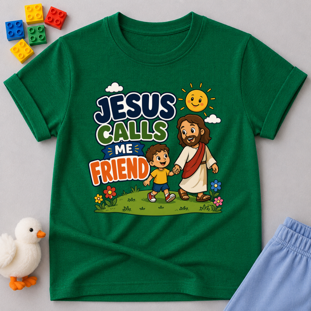 Jesus Calls Me Friend Christian kids shirt in green featuring Jesus walking beside a happy child
