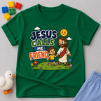 Jesus Calls Me Friend Christian kids shirt in green featuring Jesus walking beside a happy child

