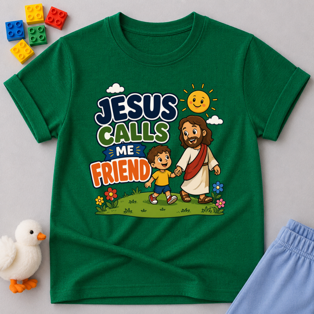 Jesus Calls Me Friend Christian kids shirt in green featuring Jesus walking beside a happy child
