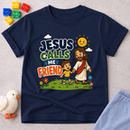 Jesus Calls Me Friend Christian kids shirt in navy featuring Jesus walking beside a happy child
