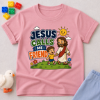 Jesus Calls Me Friend Christian kids shirt in pink featuring Jesus walking beside a happy child
