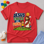 Jesus Calls Me Friend Christian kids shirt in red featuring Jesus walking beside a happy child
